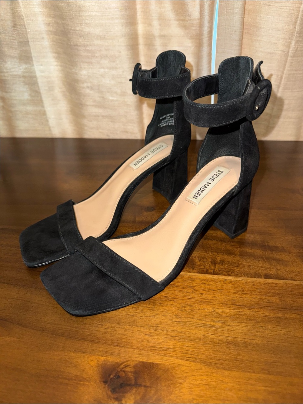 Steve Madden Black Suede Ankle-Strap Block Sandals - Picture 2 of 4